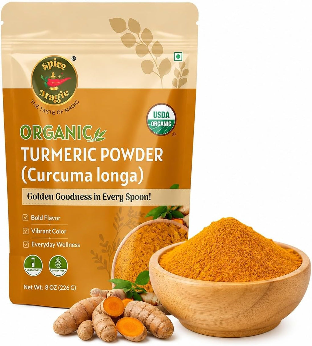 Spice Magic Organic Turmeric Powder, 8oz (226 g) | Haldi/Curcuma | Lab Tested for Heavy Metals | Non-GMO, Gluten-Free | Finely Ground for Cooking, Golden Milk & Baking | Product of India