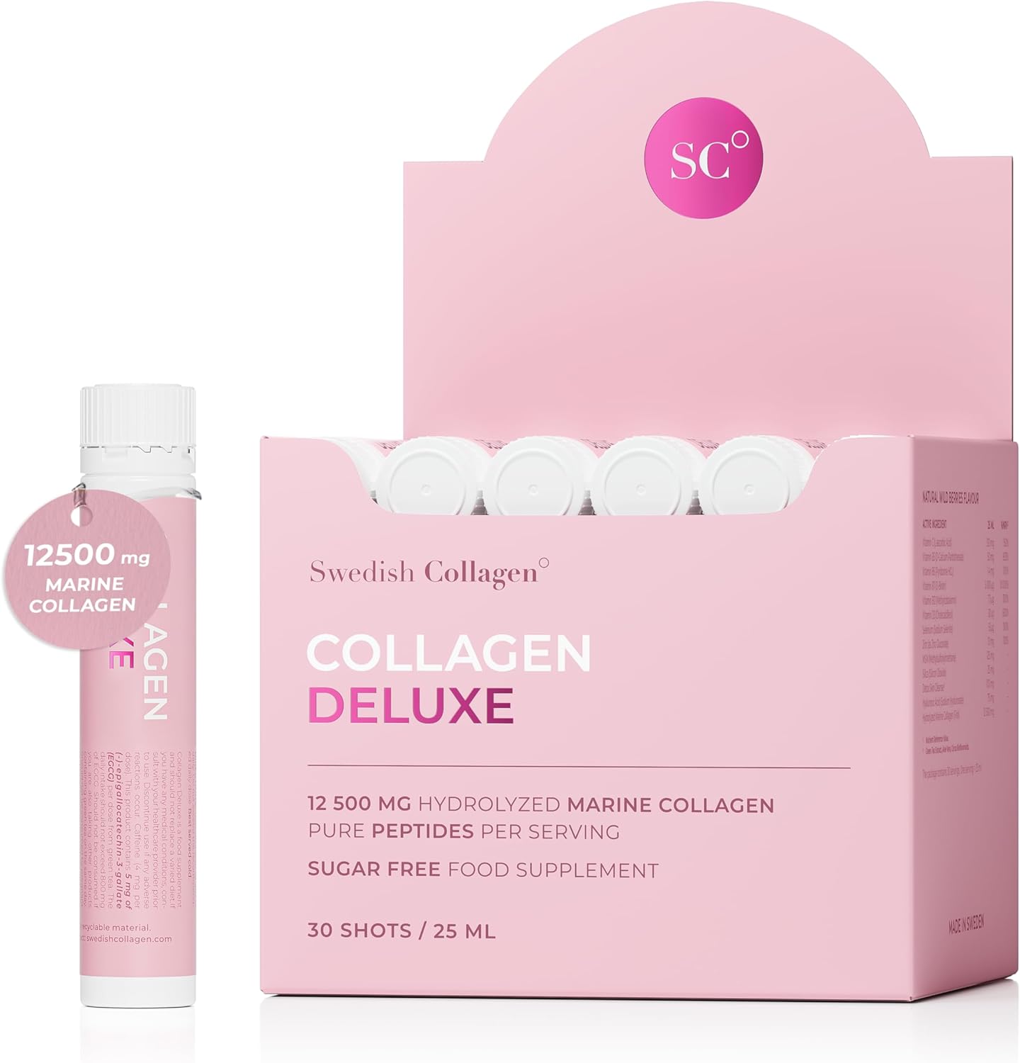 Swedish Collagen Deluxe | 12,500 mg Hydrolyzed Marine Collagen Liquid Supplement - 30 x 25 ml Daily Shots | Hyaluronic Acid, Biotin and Vitamin C for Healthy Hair, Skin, Nails and Joints | Sugar-Free