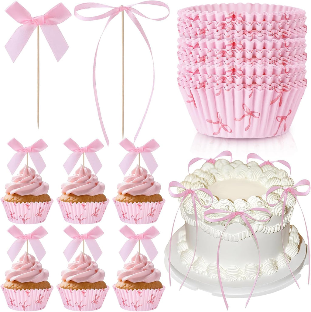 81 Pcs Pink Bow Cupcake Liners Set 50 Pink Bow Cupcake Liners and 31 Bowknot Ribbons Cake Toppers Coquette Birthday Cake Decorations for Bachelorette Bridal Baby Shower Birthday Wedding Party Supplies