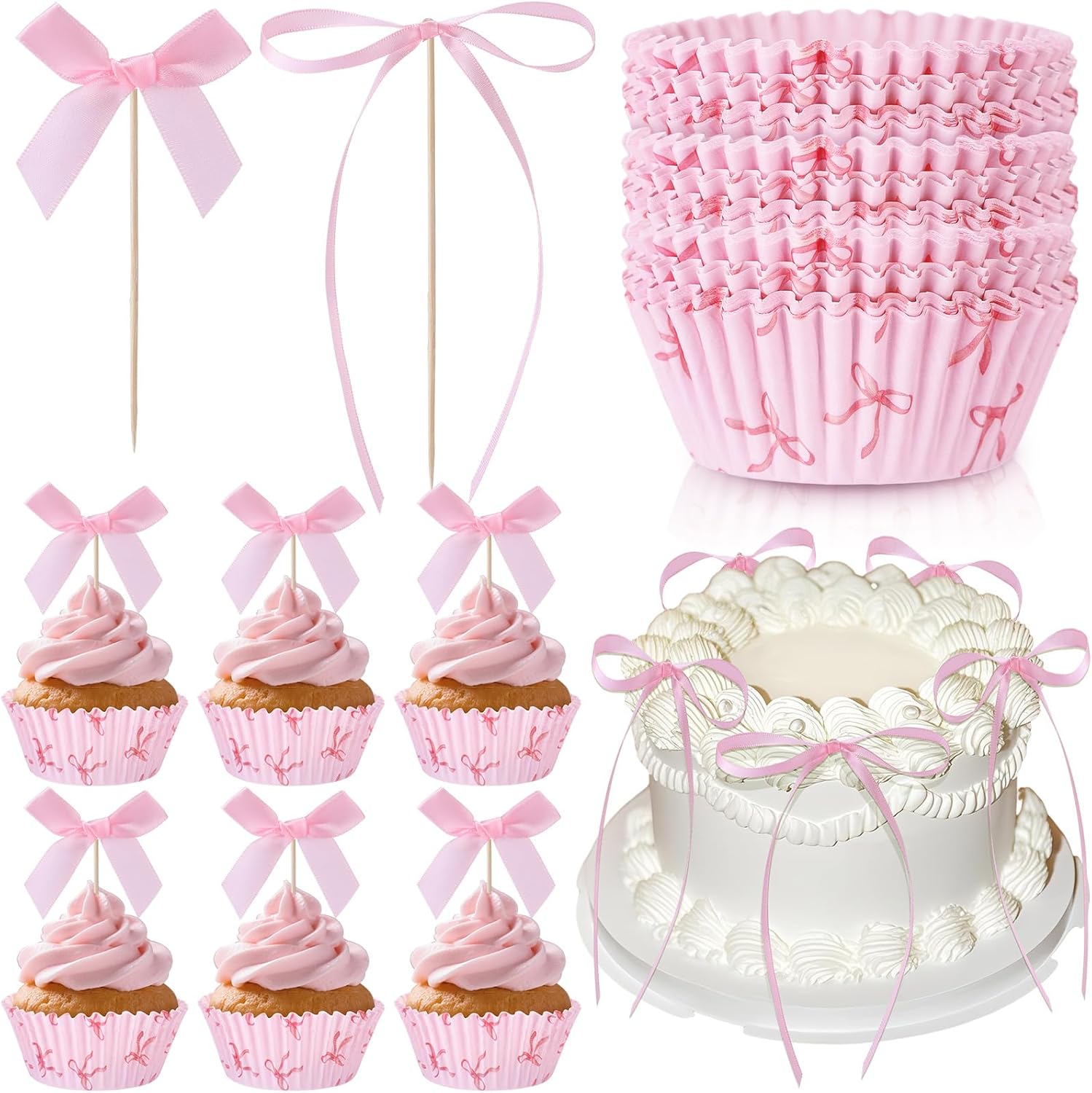 81 Pcs Pink Bow Cupcake Liners Set 50 Pink Bow Cupcake Liners and 31 Bowknot Ribbons Cake Toppers Coquette Birthday Cake Decorations for Bachelorette Bridal Baby Shower Birthday Wedding Party Supplies