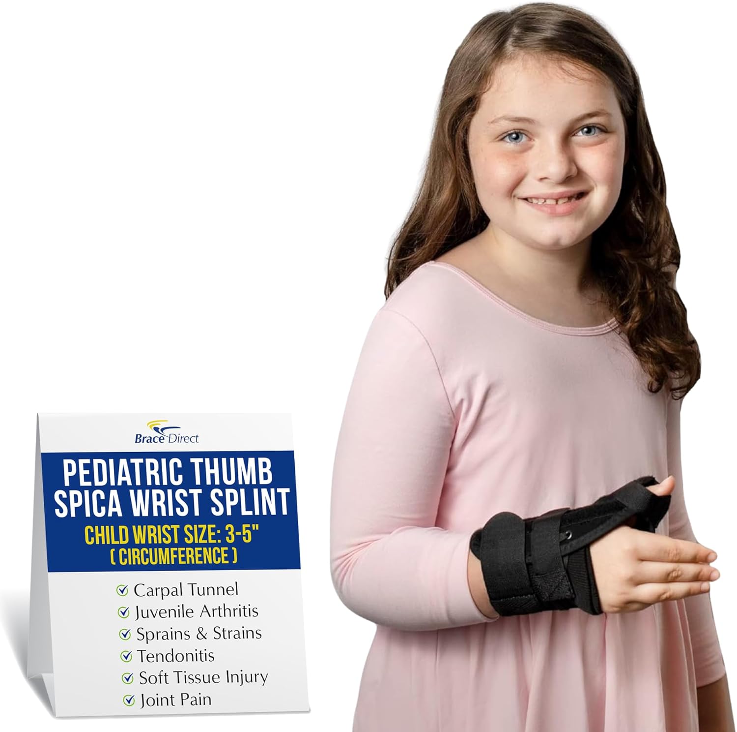 Brace Direct Pediatric Thumb Spica Wrist Splint for Kids - Childrens Thumb Immobilizer for Sprains, Tendonitis, Carpal Tunnel, Juvenile Arthritis (Child: Left Wrist 3-5" Circ)