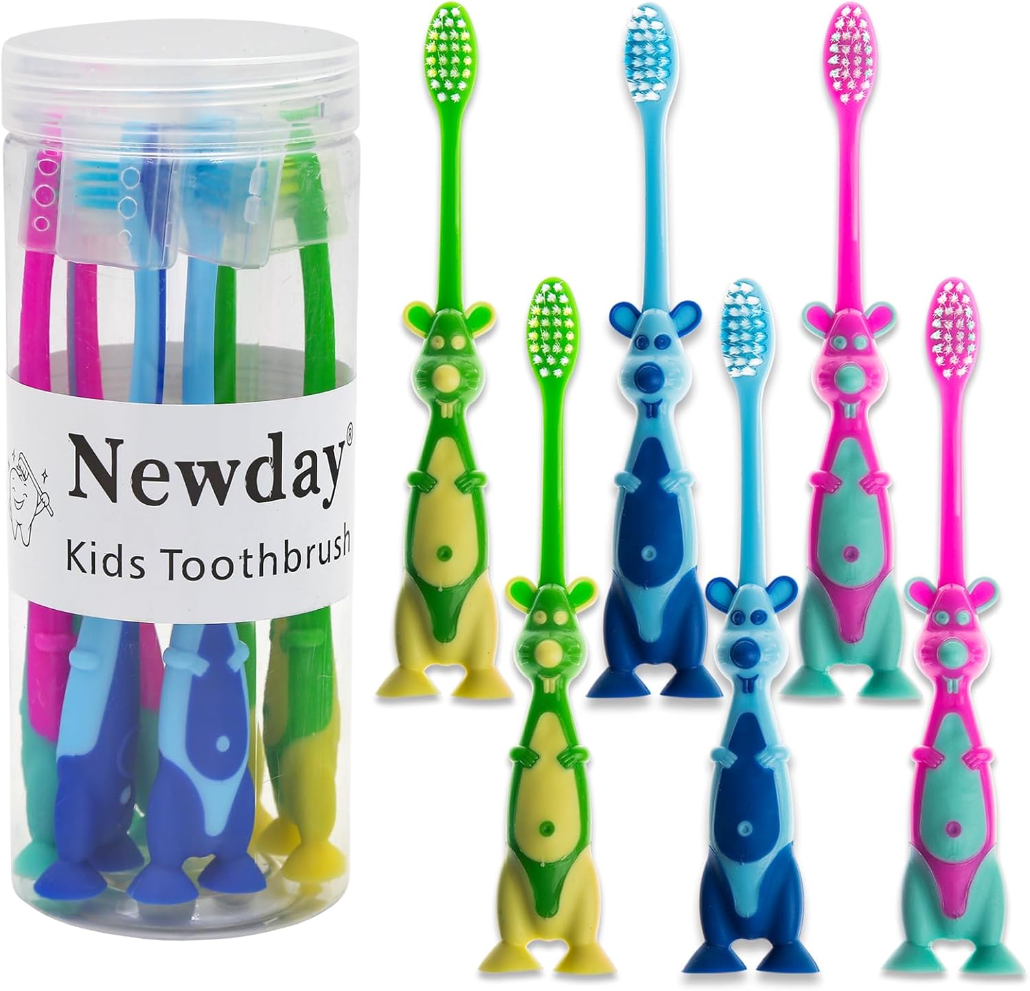 Newday Kids toothbrushes 6 Pack Set Soft Bristles Fun Lovely with Suction Cup, Includes Travel Covers, Animal toothbrushes for Kids Boys & Girls, Toddlers &Children Teeth