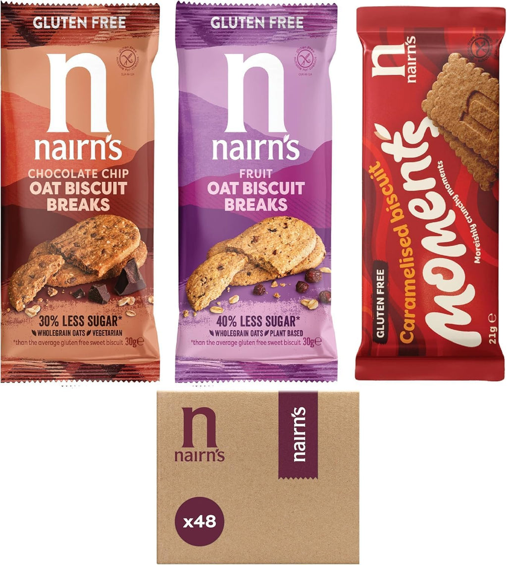 Nairn’s Gluten Free Variety Pack Oat Biscuit Breaks, Flavors inc. Chocolate Chip, Fruit, Salted Caramel. Pack of 48 (3 Biscuits Per Pack)