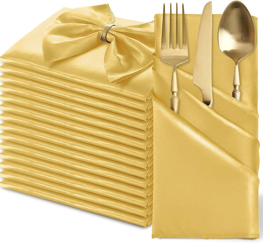 MILVOWOC 12 Pack Square Gold Satin Napkins 20 x 20 Inch Soft Silk Dinner Napkins Smooth Decorative Table Napkins, Reusable Cloth Napkins for Weddings Dinner Restaurant Party Decoration