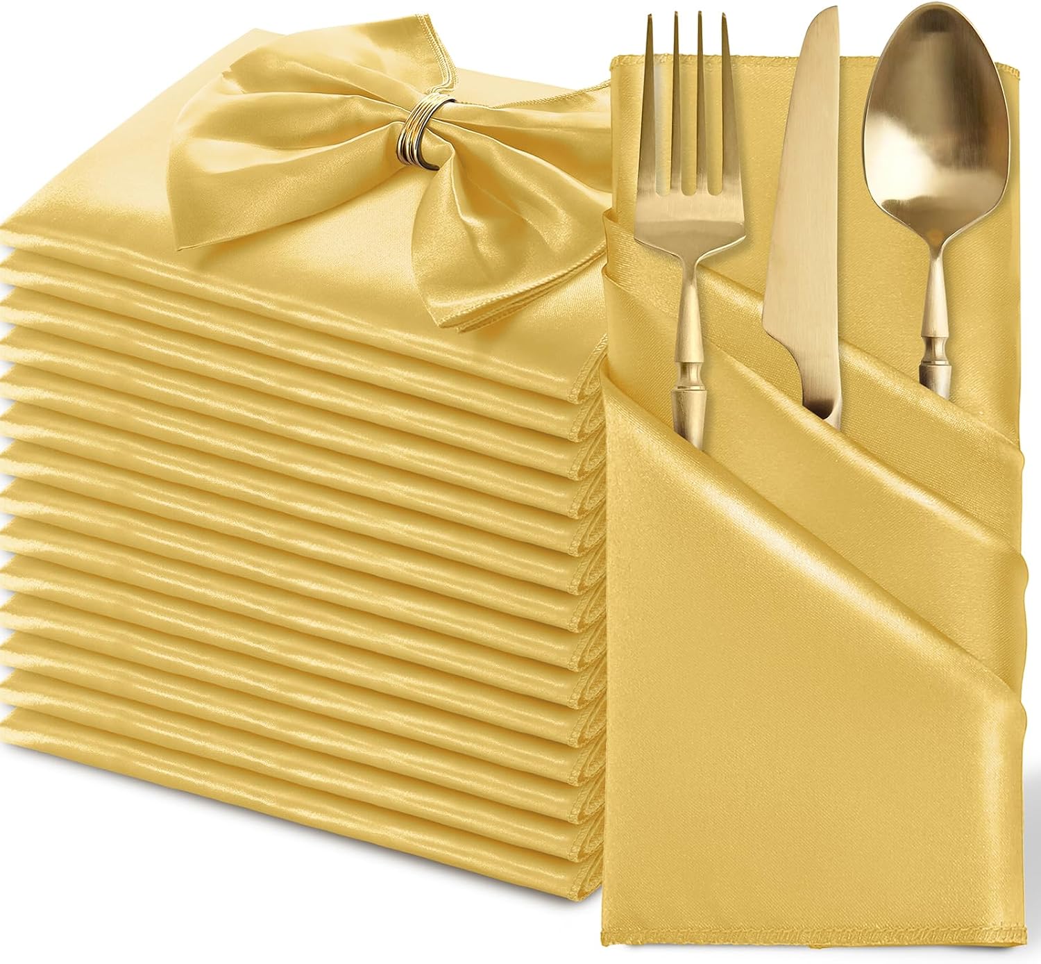MILVOWOC 12 Pack Square Gold Satin Napkins 20 x 20 Inch Soft Silk Dinner Napkins Smooth Decorative Table Napkins, Reusable Cloth Napkins for Weddings Dinner Restaurant Party Decoration