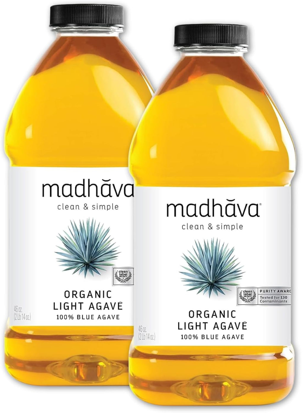 MADHAVA Organic Light Agave, 100% Pure Blue Nectar | Sugar Alternative | Vegan | Non GMO | Natural Liquid Sweetener, 46 Oz. (Pack of 2)