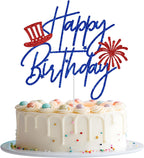 4th of July Happy Birthday Cake Topper, Patriotic Themed Birthday Cake Topper, American National Memorial Day Independence Day Patriotic Birthday Party Decorations, Blue and Red Glitter