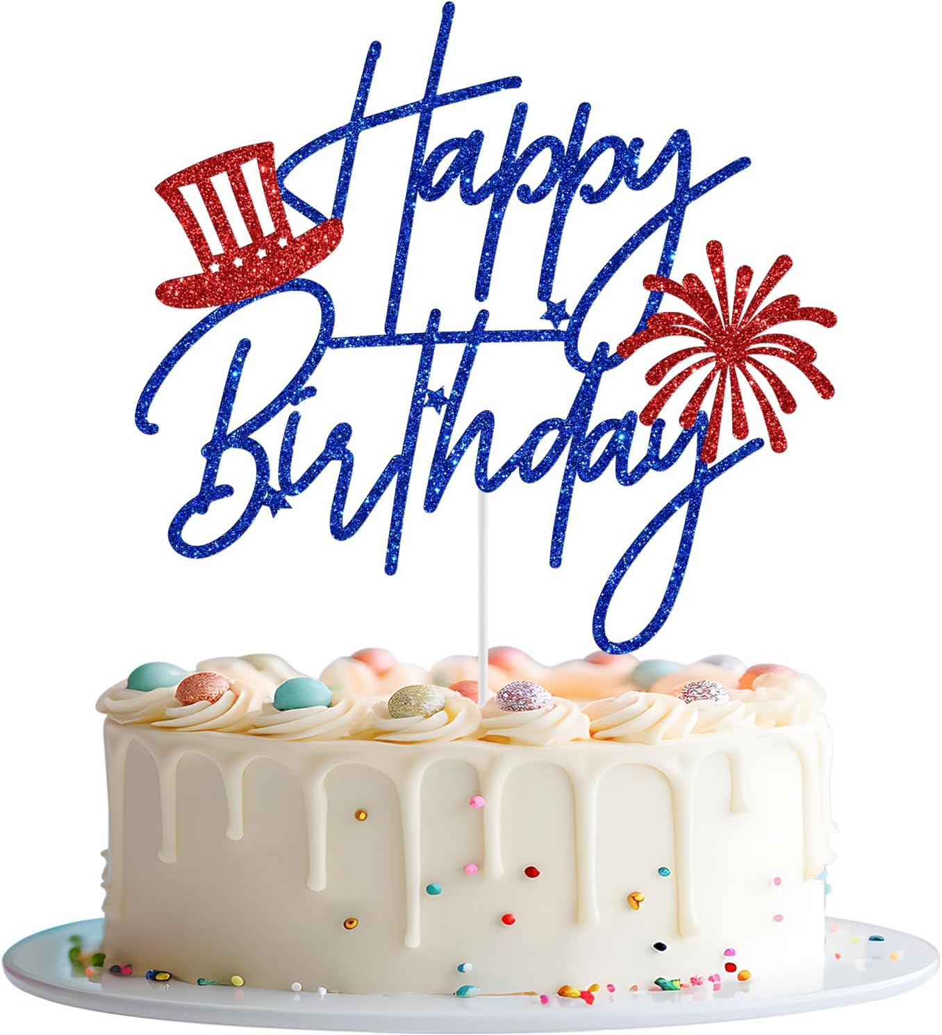 4th of July Happy Birthday Cake Topper, Patriotic Themed Birthday Cake Topper, American National Memorial Day Independence Day Patriotic Birthday Party Decorations, Blue and Red Glitter