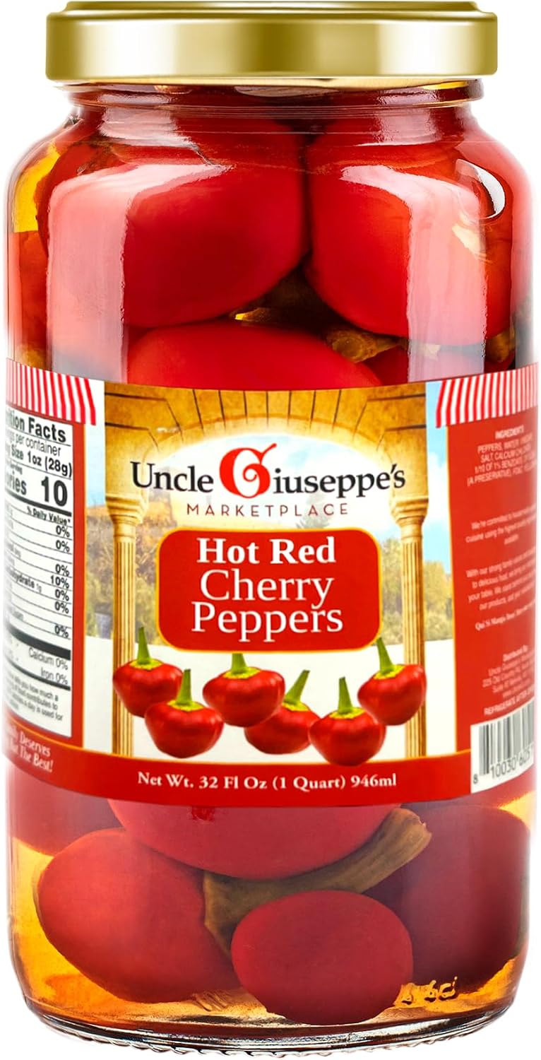 Uncle Giuseppe’s Hot Red Cherry Peppers – 32 fl oz Jar – Pickled in Vinegar, Italian-Style, Bold & Spicy Flavor (Pack of 1)