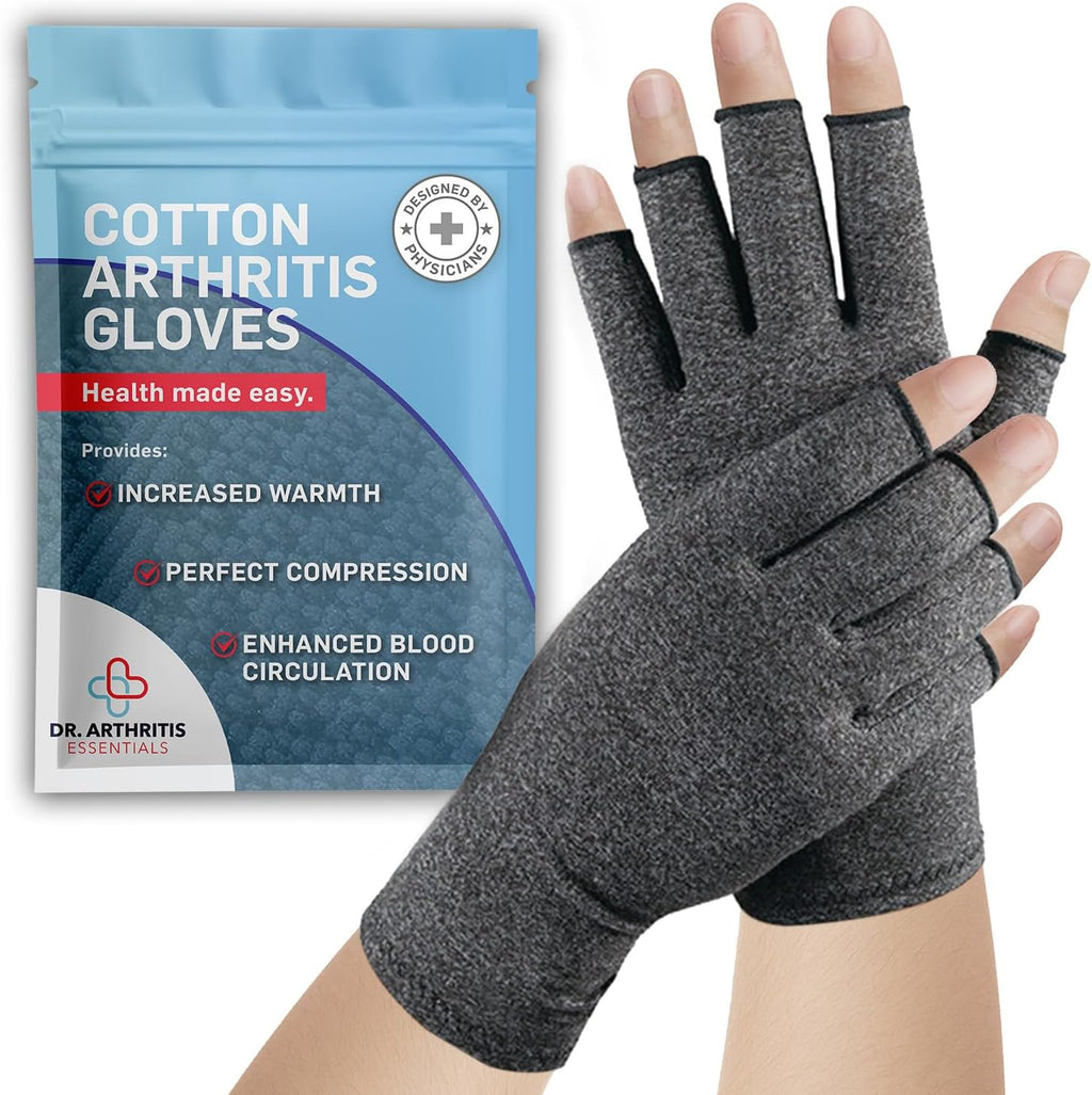 Dr. Arthritis Essentials Open-Fingertip Arthritis Gloves, Compression Gloves Ideal as Raynauds Gloves, Hand Brace for Arthritis (Grey, Medium)