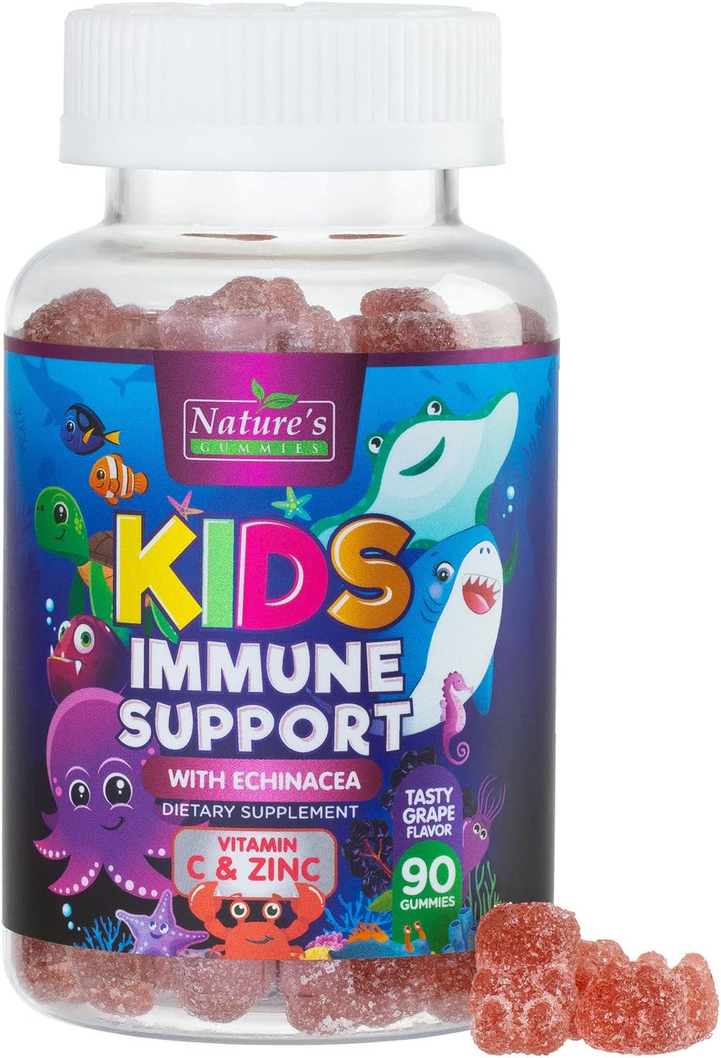 Kids Immune Support Supplement Gummies - Daily Childrens Vitamins C, Zinc & Echinacea - Gummy for Kids Immune Support, Ages 4 and Up, Natural Berry Flavor, Non-GMO, Gluten-Free & Vegan - 90 Gummies