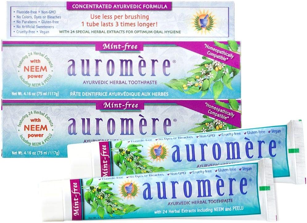 Auromere Ayurvedic Herbal Neem & Clove Toothpaste - All Natural Fluoride Free Toothpaste for Adults and Kids, Suitable for Sensitive Teeth, SLS-Free, Non GMO, Vegan, Cruelty-Free - 5 Pack