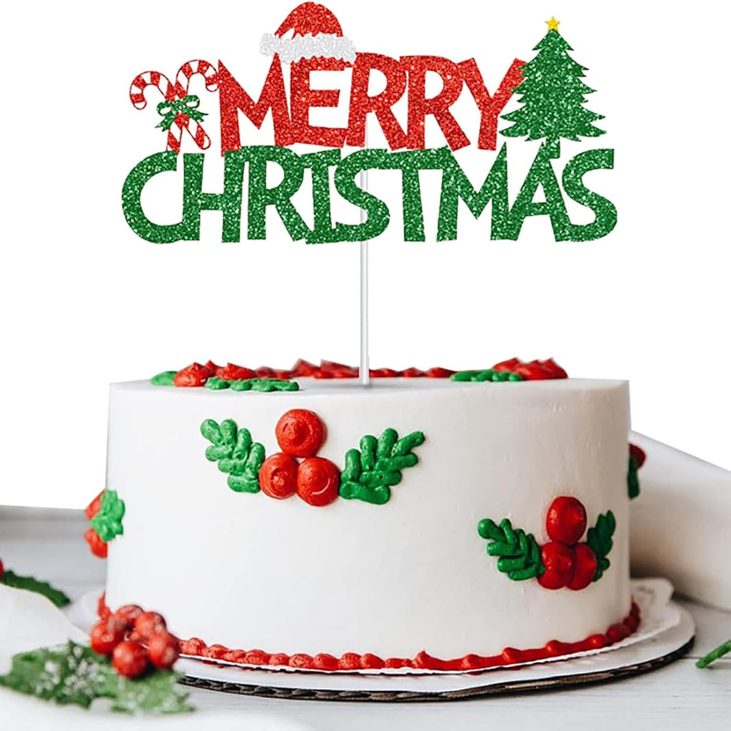 Merry Christmas Birthday Cake Topper, Christmas Cake Decoration, Red & Green Glitter Christmas Cake Decorations, Glittery Xmas Themed Kids Adults Birthday Party Decorations Supplies
