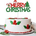 Merry Christmas Birthday Cake Topper, Christmas Cake Decoration, Red & Green Glitter Christmas Cake Decorations, Glittery Xmas Themed Kids Adults Birthday Party Decorations Supplies