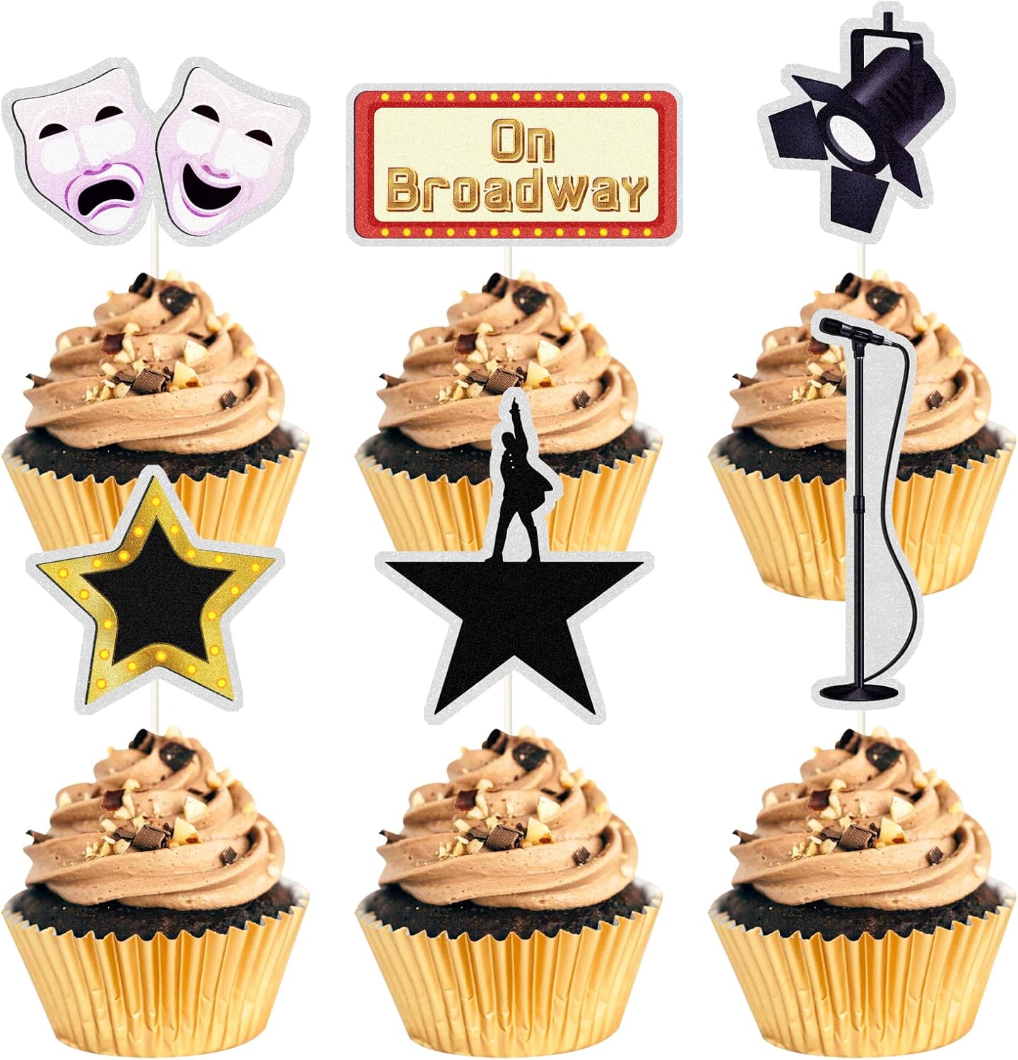 On Broadway Cupcake Toppers,Happy Birthday Cake Topper,Movie Night Cupcake Toppers Decoration,Hollywood theme Cake Party Decoration.18 PCS