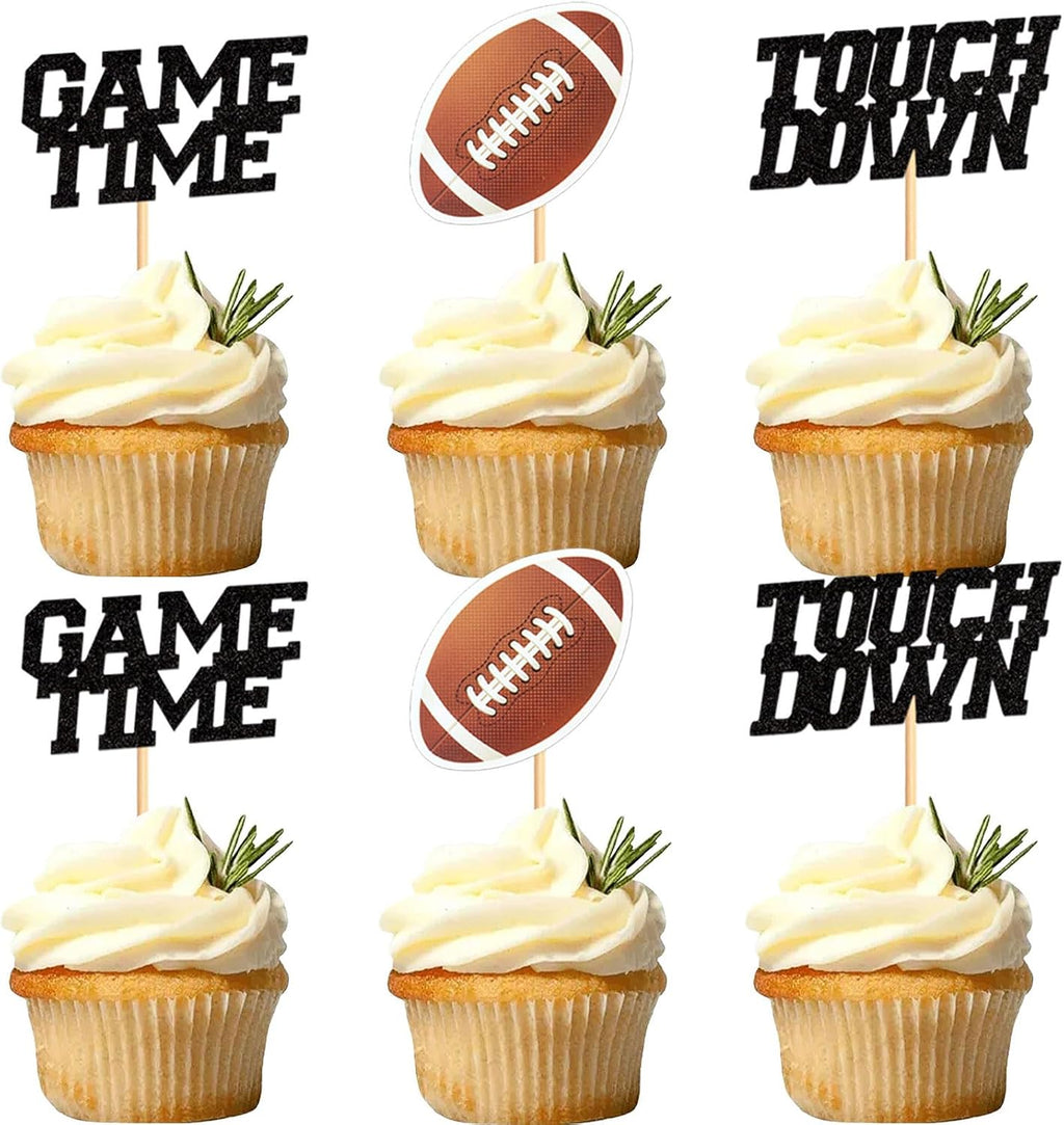 24Pcs Glitter Brown Rugby Cupcake Topper Touch Down Game Time Cupcake Picks for Rugby Ball Baby Shower Sport Boys American Football Birthday Cupcake Decorations Rugby Party Decorations