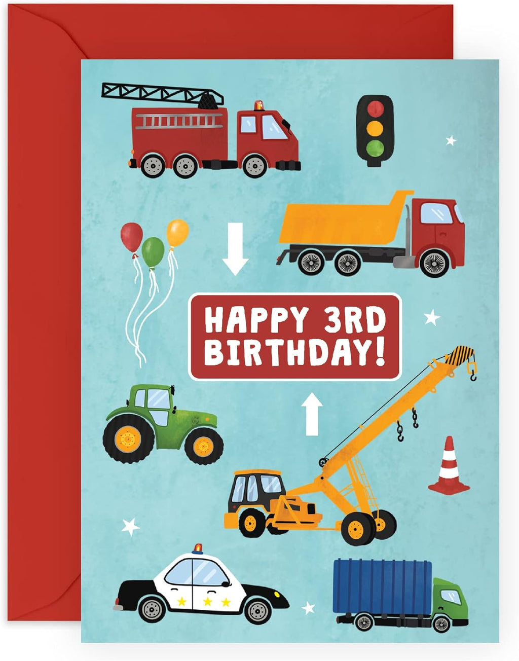 CENTRAL 23 Colorful Third Birthday Card for Boys - Happy 3rd Birthday - Age 3 - Three Year Old - Truck and Car Greeting Card - Fun Vehicle Themed Card for Kids - Son, Grandson, Toddler