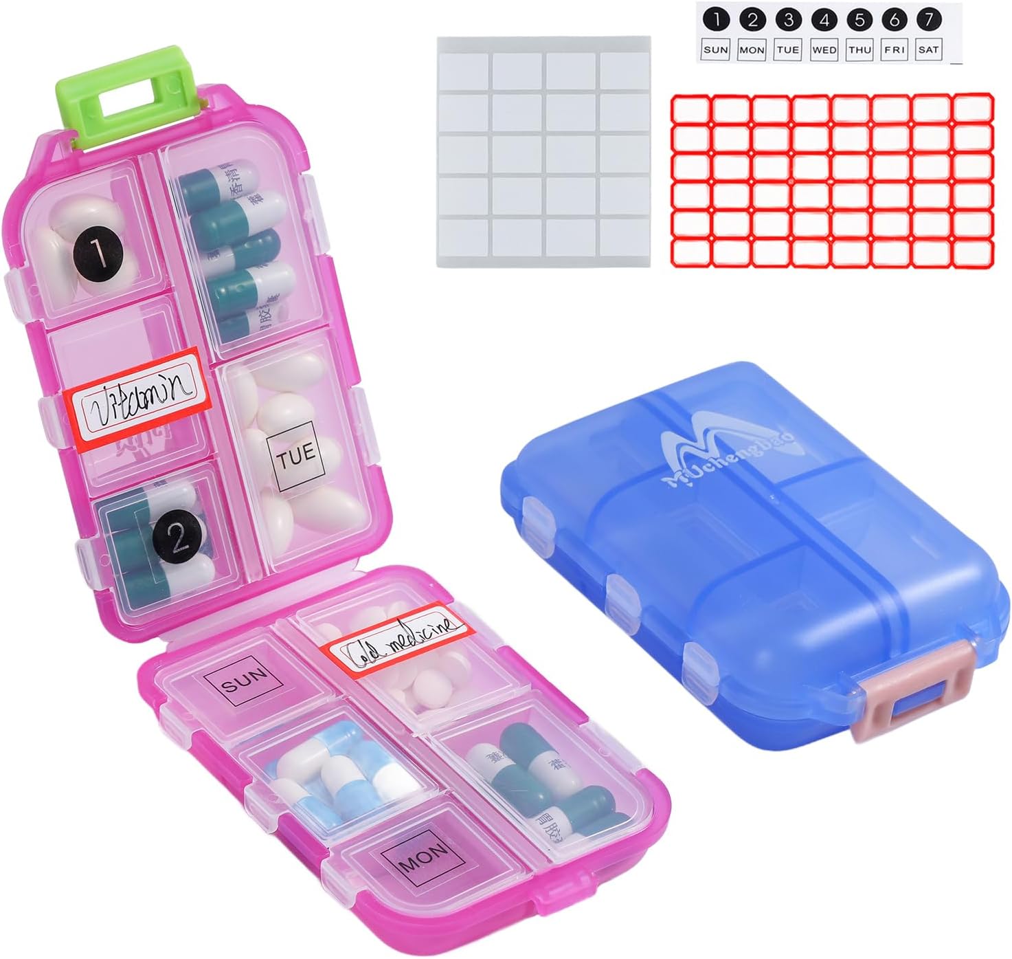 2 Pack Pill case Travel Pill Organizer, Pill Box for Purse Vitamin Fish Oil 10 Compartments Container Medicine Box by M Muchengbao