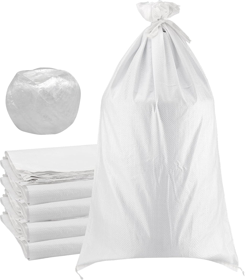 SEUNMUK 50 Pack 18 x 30 Inch Empty Sandbags, Empty White Woven Polypropylene Sand Bags, Heavy Duty Flood Protection Sand Bags with 20 M Ties for Flood Control, Storage
