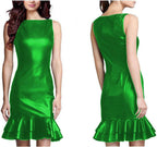 Elegant Hem Ruffles Summer Dress for Woman Sleeveless Mini Dress PU Shiny Liquid Metallic Club Dresses,Green,XL