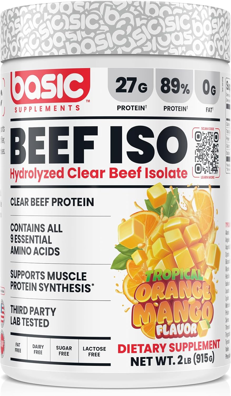 BASIC SUPPLEMENTS Hydrolyzed Clear Beef Isolate Protein Powder, 27g Protein, 9 Essential Amino Acids, Fat-Free, Dairy-Free, Sugar-Free, Lactose-Free, Supports Muscle Protein Synthesis