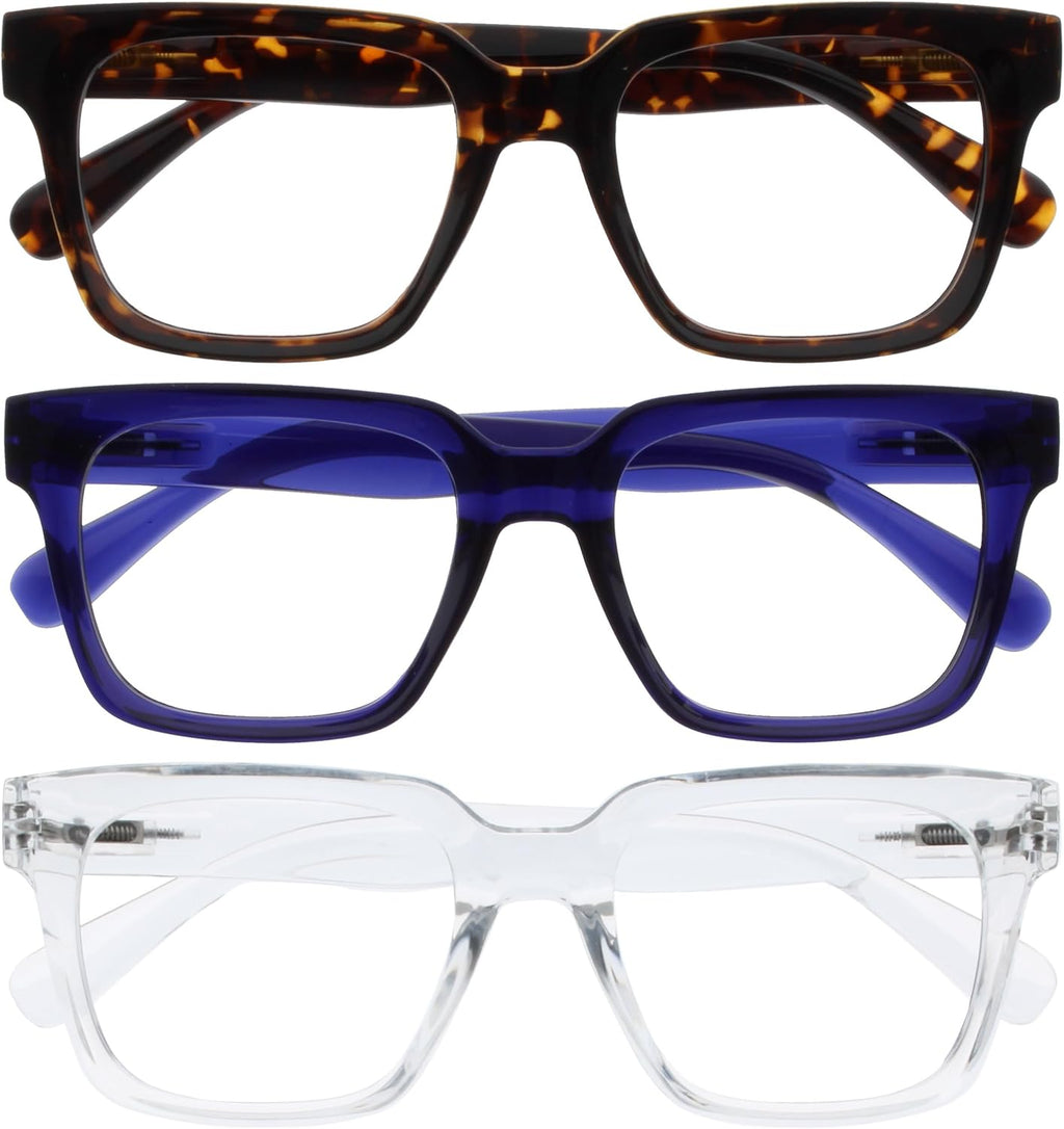 OPULIZE ERA Blue Light Blocking Reading Glasses for Women & Men-Anti-Glare-UV400 Protection-Oversized Frame-Computer Screen Glasses-Brown Blue Clear-+2.00(Pack 3 of with 3 Pouches)
