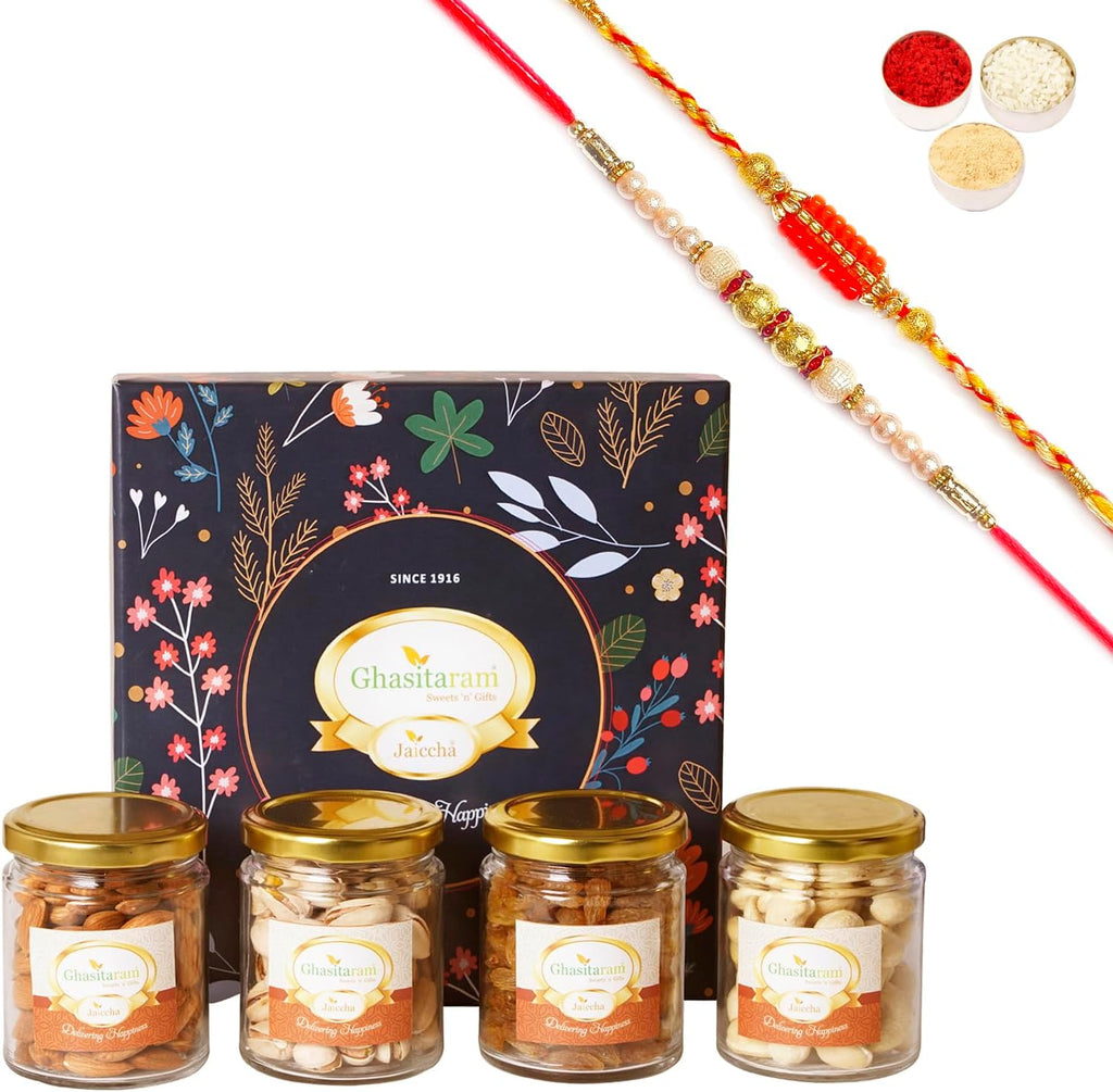 Ghasitaram Gifts Jaiccha Rakhi for Brother Ghasitaram Hamper Box with Dryfruit Jars with 2 Rakhis