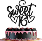 1 Pack Sweet Teenager 16 Cake Topper Glitter 16th Birthday Cake Pick for Cheers to 16 Years Old 16th Birthday Party Cake Decorations Supplies Black
