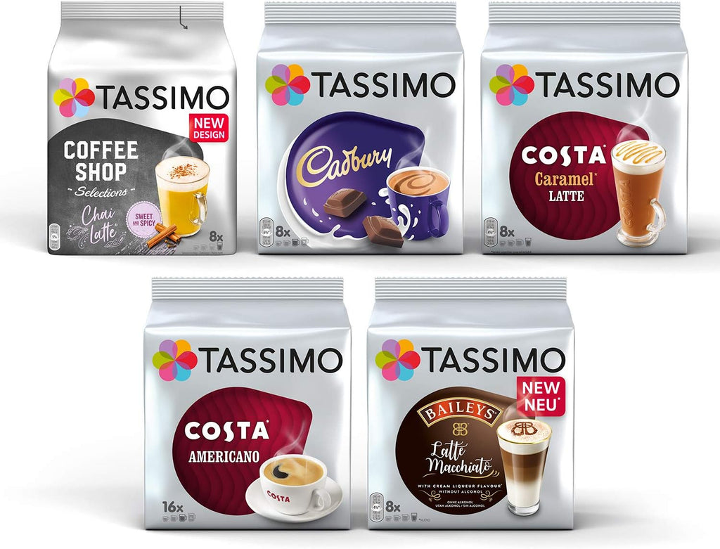 Tassimo Coffee Selection - Costa Americano/Caramel Latte/Cadbury Hot Chocolate/Chai Latte/Baileys Latte Macchiato Coffee Pods- 5 Packs (48 Servings)