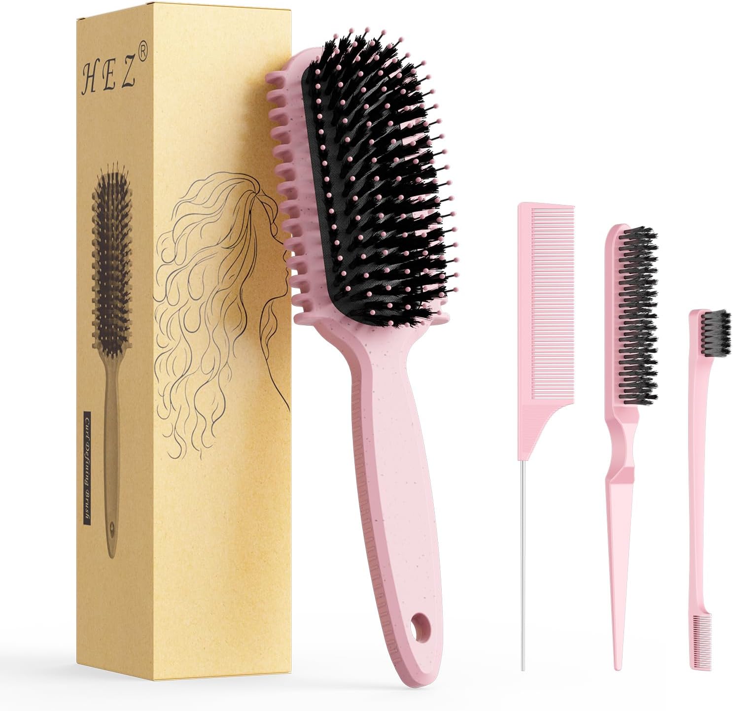 Curl Defining Brush, Curly Hair Brush, Slick Back Hair Brush, For Combing and Shaping Curls in All Hairstyles to Reduce Pulling (Pink)