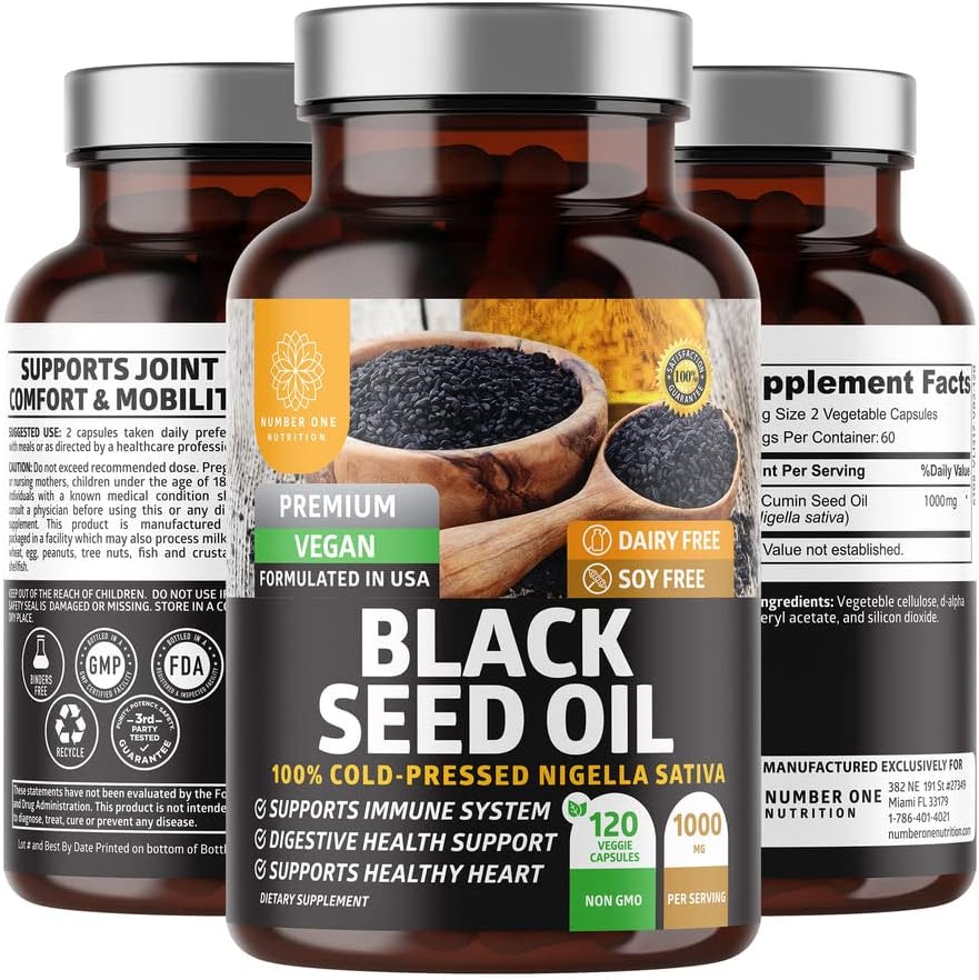 Number One Nutrition N1N Premium Black Seed Oil [Max Strength, 1000 mg] 100% Cold-Pressed Nigela Sativa to Support Digestion, Immune System and Joint Comfort and Mobility, 120 Caps