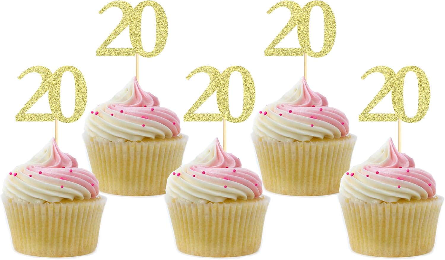 Sotpot 30PCS Gold Glitter 20th Birthday Cupcake Toppers Cheers to 20 Years Cupcake Picks for 20th Birthday Anniversary Party Decorations