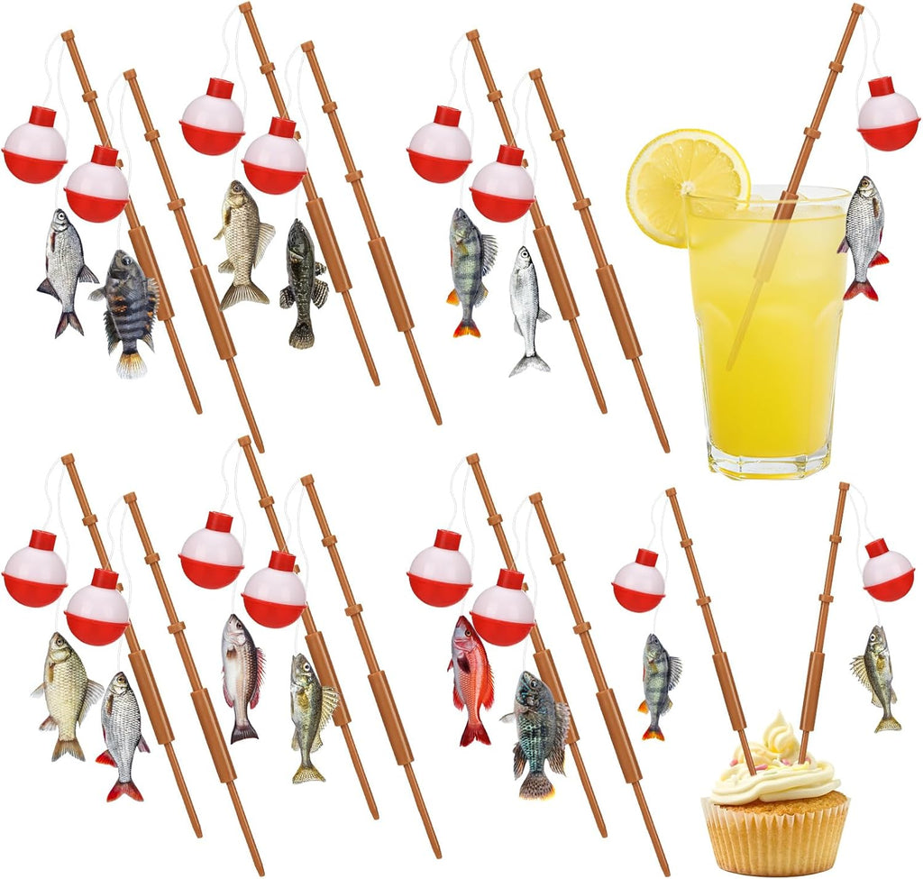 24 Pcs Fishing Float Cupcake Toppers Fisherman Pole Picks Party Supplies Bulk, 3D Fish Bobber Push Button Round Buoy Floats for Fishing Birthday Party Decorations (Bobber, Fish)