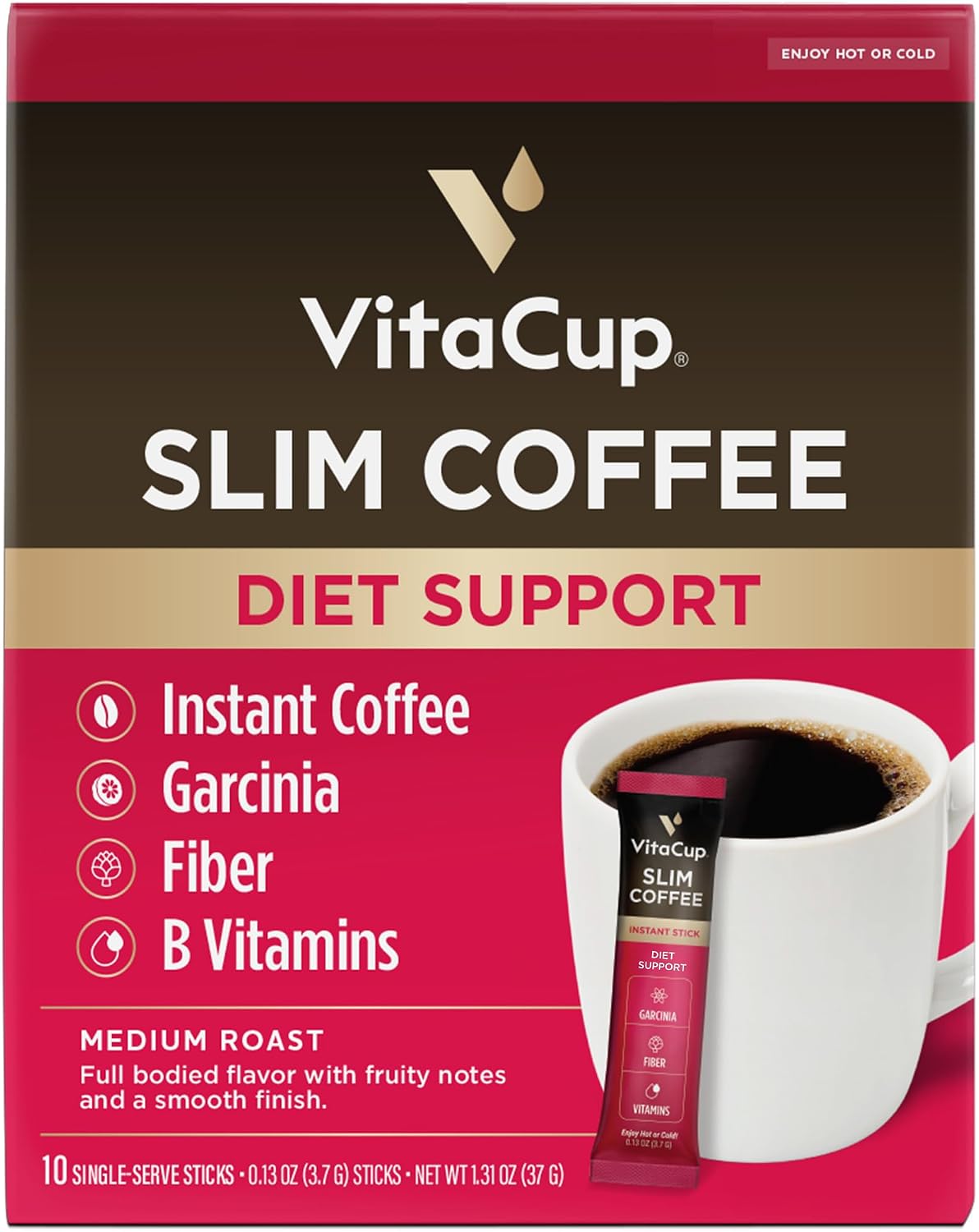VitaCup Slim Instant Coffee Packets, with Garcinia, Fiber, B Vitamins, Bold & Smooth, Medium Dark Roast, 100% Arabica Coffee in Single Serve Sticks, 10 Ct