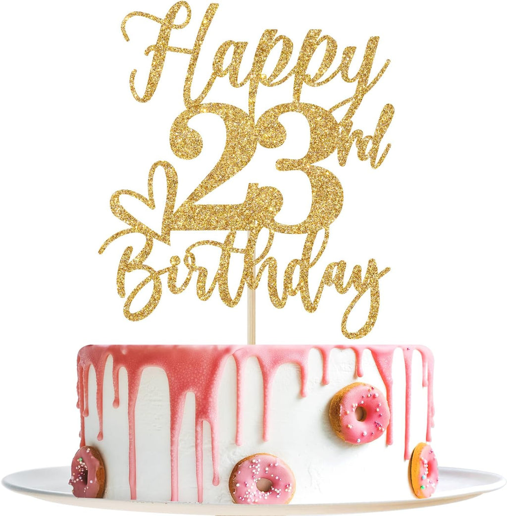 Gold Glitter Happy Birthday Cake Topper, Funny 23rd Birthday Party Supplies