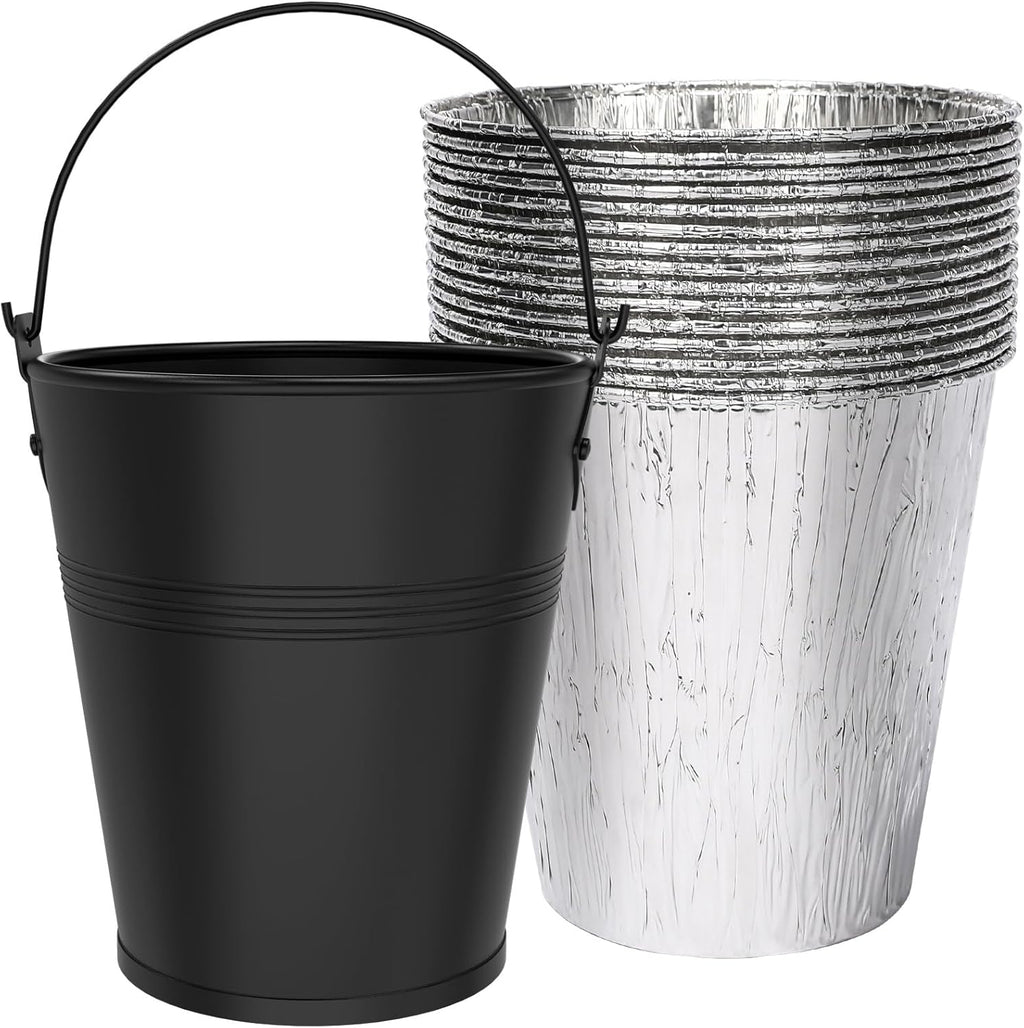 Drip Bucket and 15-Pack Disposable Foil Liners for Oklahoma Joe's, Traeger, Pit-Boss, Z Grill, Camp Chef, Grill Grease Liner Fits Most Offset Smoker, Rec Tec Pellet Grill Bucket, Black