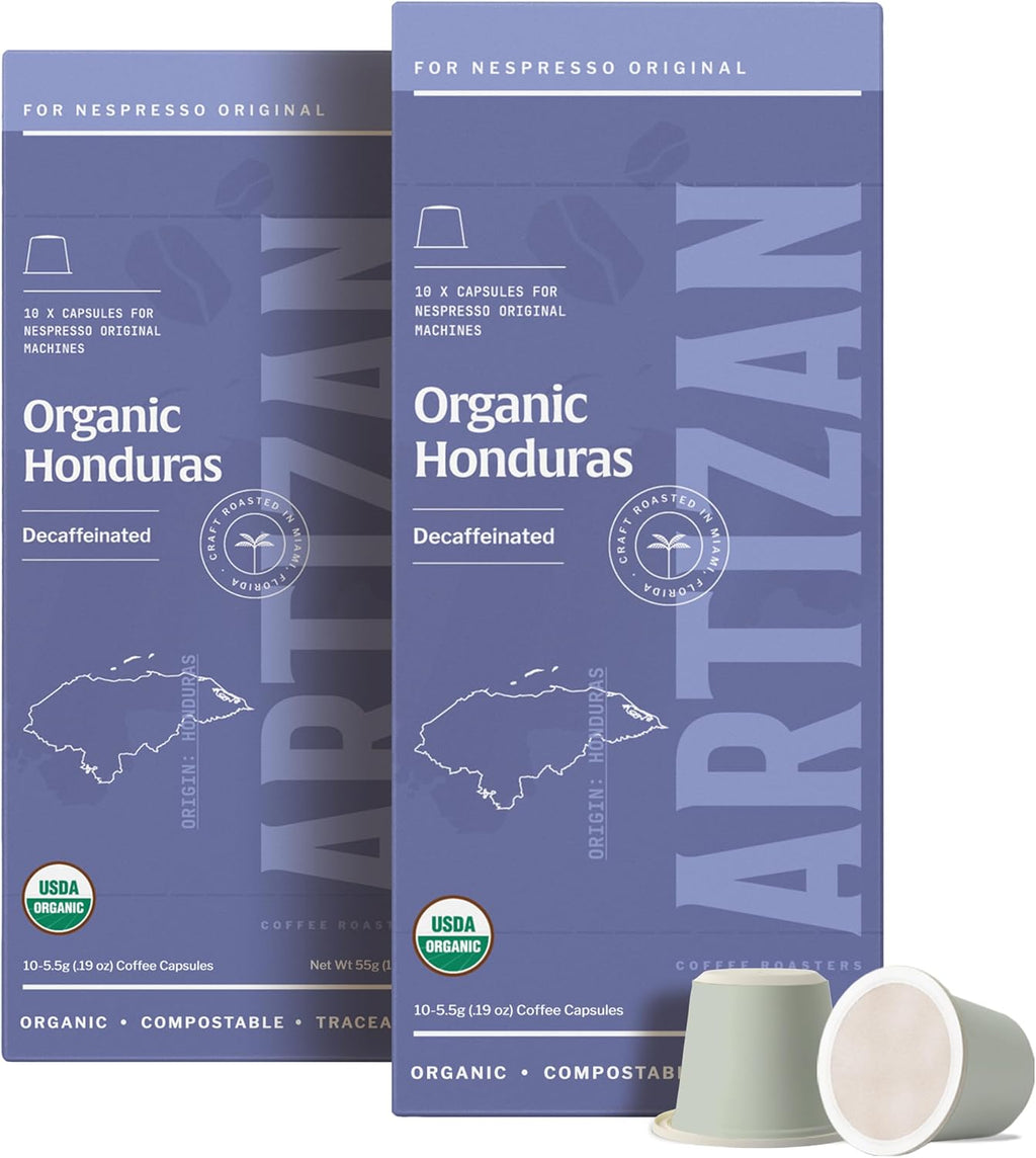 Artizan Coffee Decaf Organic Swiss Water Espresso Pods for Nespresso Original | Honduras Decaf Single Origin | 20 Home Compostable Capsules