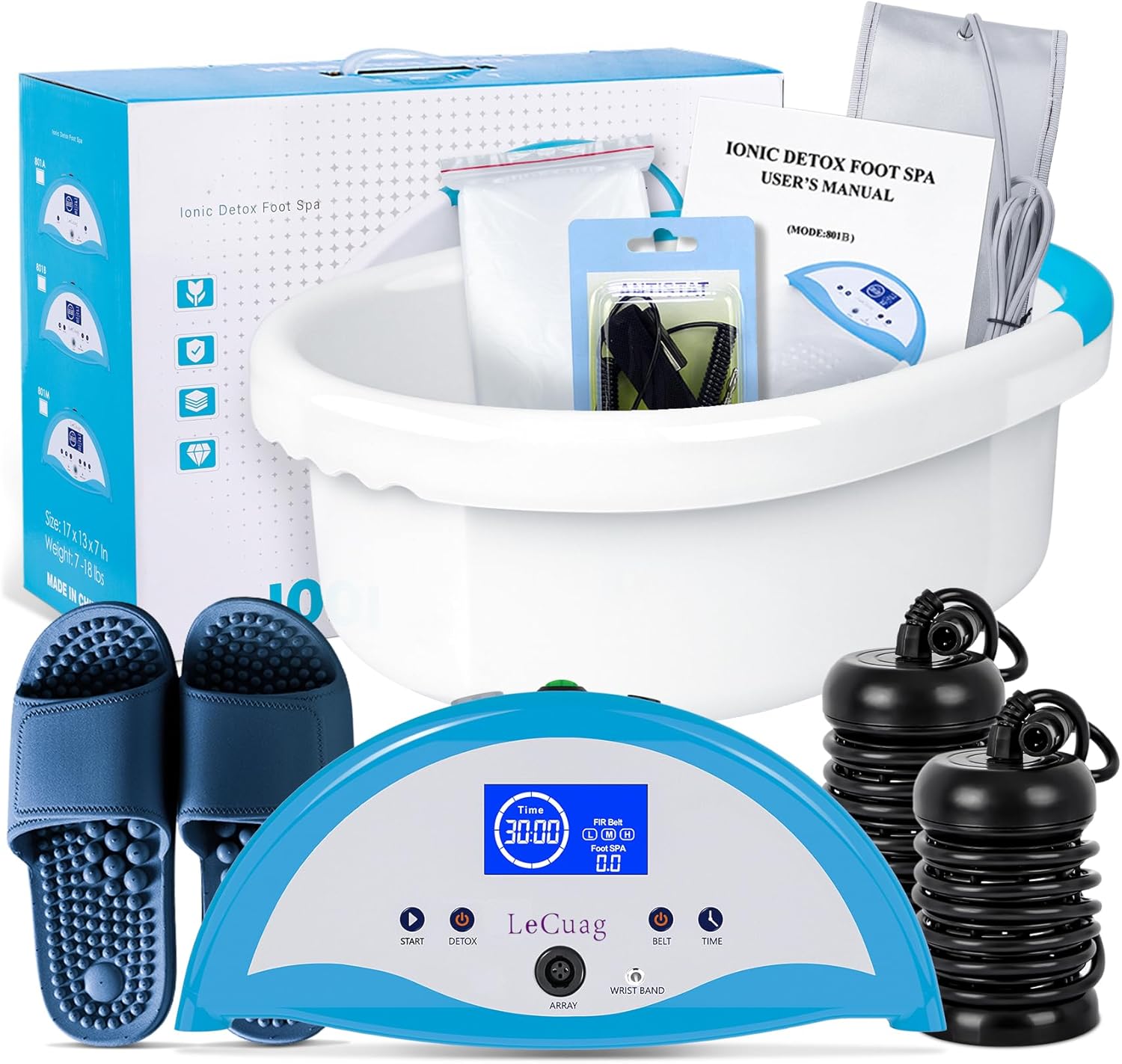 LeCuag Ionic Foot Bath Detox Machine, Ion Foot Spa Machine for Home Use, Include Detox Foot Bath Soak Tub, Massage Slippers, Heating Waist Belt, 2 Super Ion Arrays, Perfect for Seniors/Parents