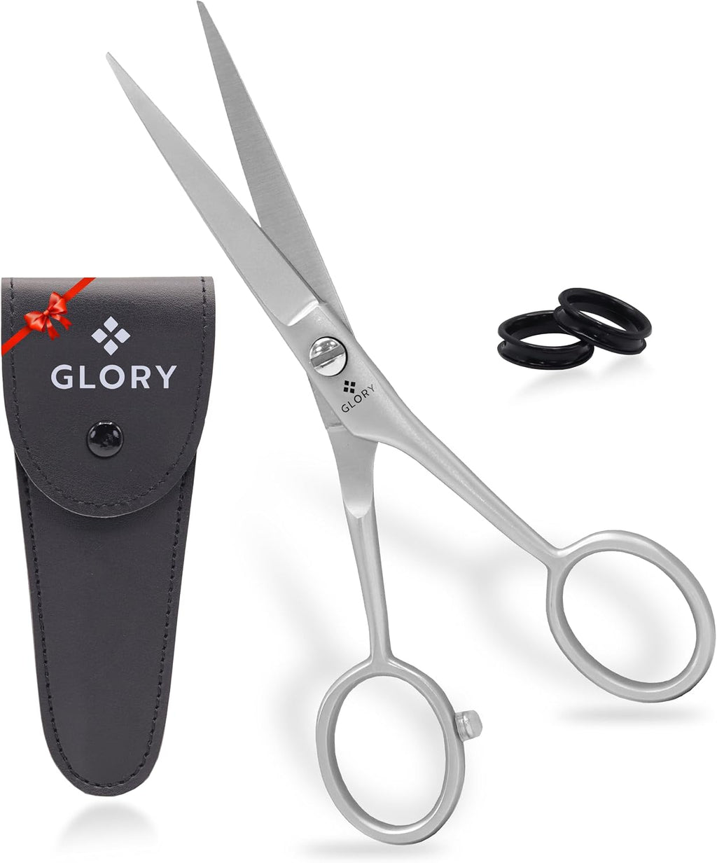 GLORY 5 Inch Professional Beard and Mustache Scissors, Premium Stainless Steel Facial Hair Trimming Scissors - Sharp Serrated Edge Grooming Shears for Men, Precision Mustache & Beard Trimming Scissor