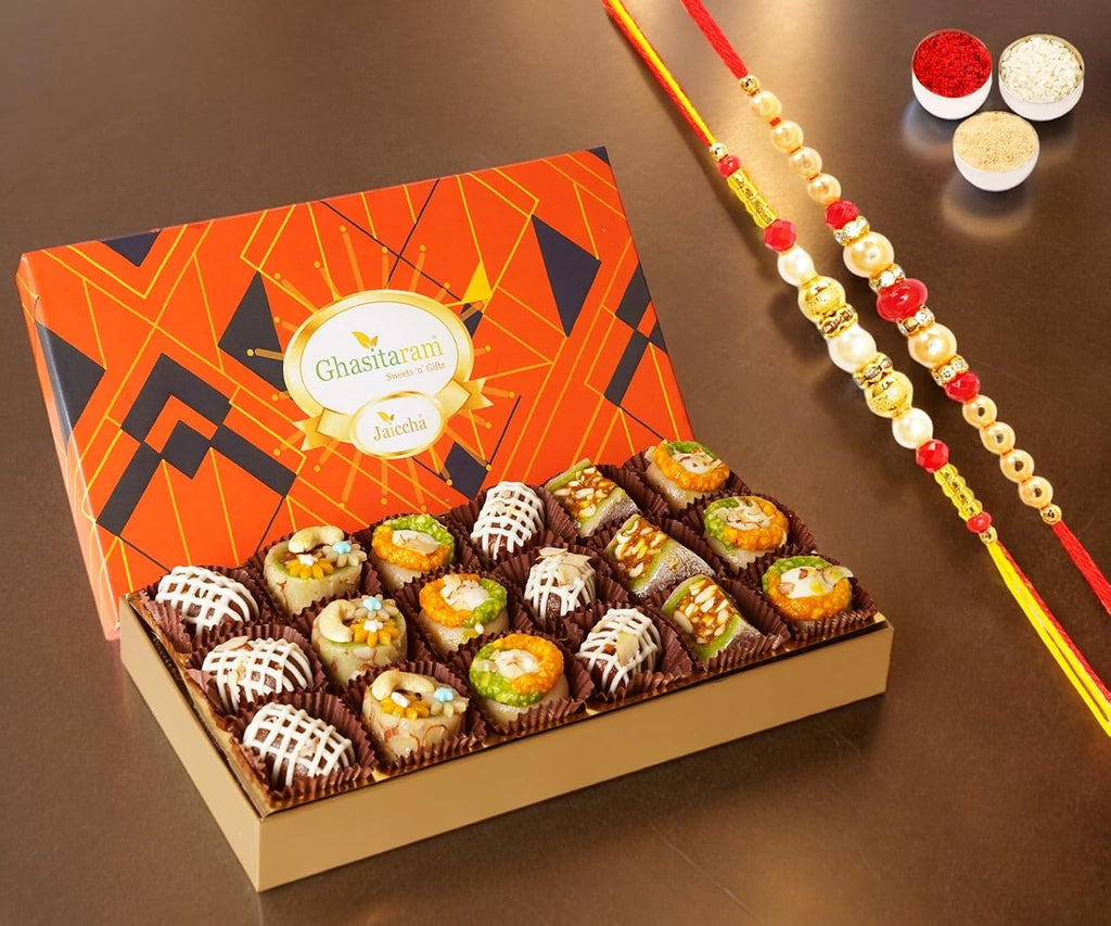 Ghasitaram Gifts Jaiccha Rakhi for Brother Exotic Dryfruit Sweets in Designer Box 18pcs with 2 Rakhis