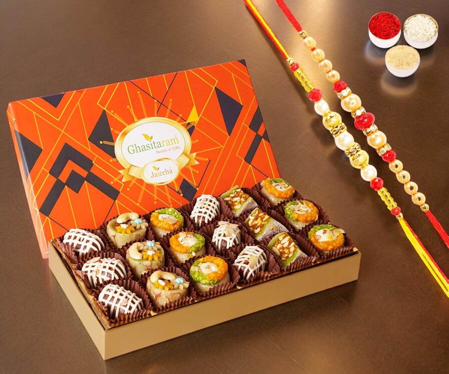 Ghasitaram Gifts Jaiccha Rakhi for Brother Exotic Dryfruit Sweets in Designer Box 18pcs with 2 Rakhis