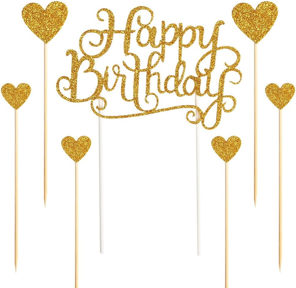 PALASASA Happy Birthday Cake Toppers Gold glitter letters"happy birthday"and love star,Party decor Decorations,Set of 7 (Gold)