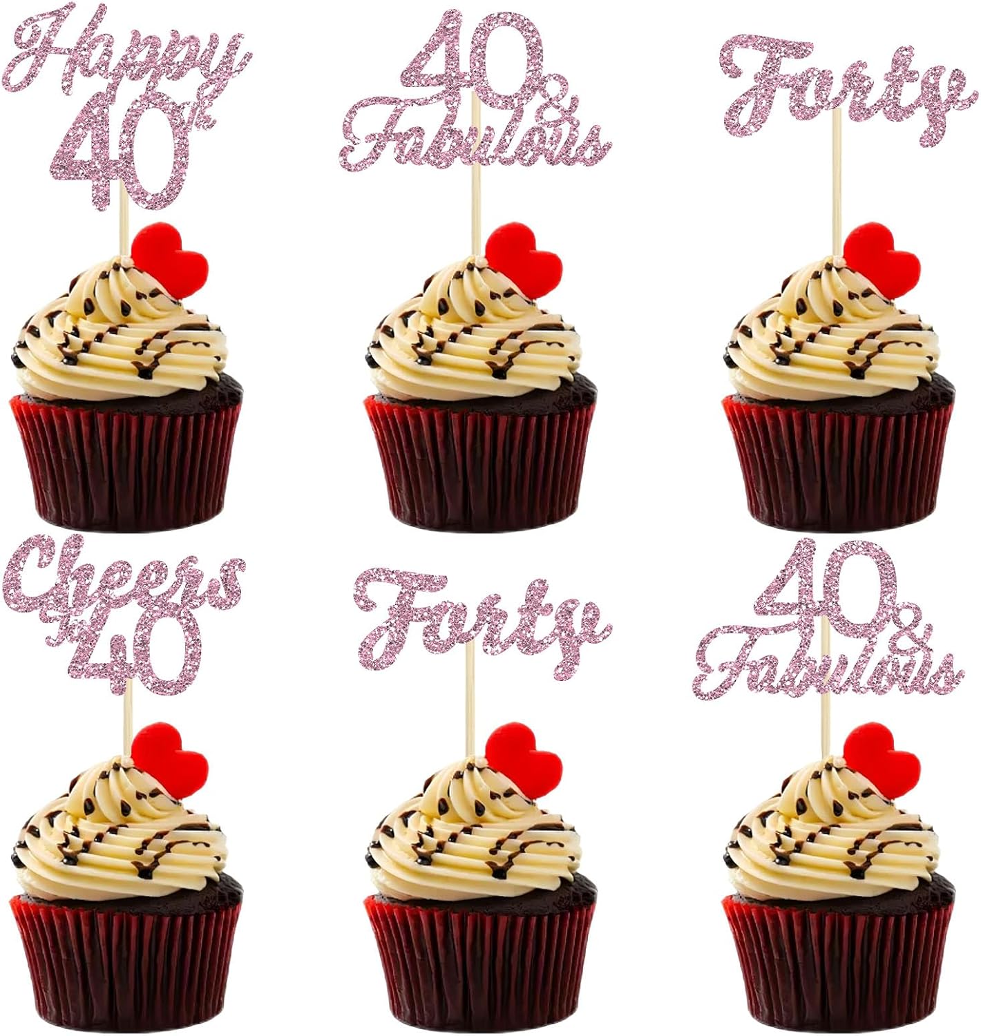 24Pcs 40th Birthday Cupcake Toppers Pink Glitter 40 Fabulous Cake Picks Cheers to 40 Years for Happy 40th Birthday Forty Wedding Anniversary Party Decoration Supplies