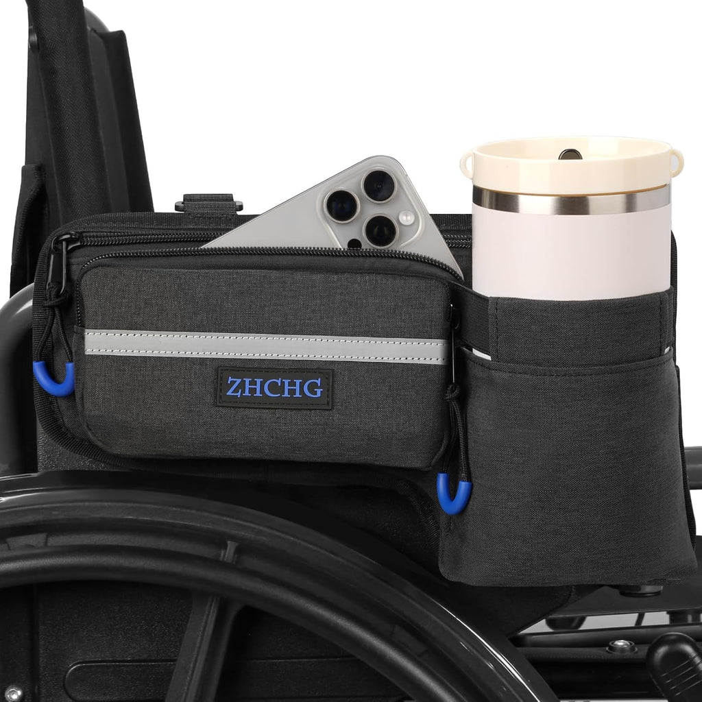 ZHCHG Upgraded Wheelchair Side Bag with Cup Holder, Wheelchair Armrest Pouch for Walker, Wheelchair Accessories Storage Bag