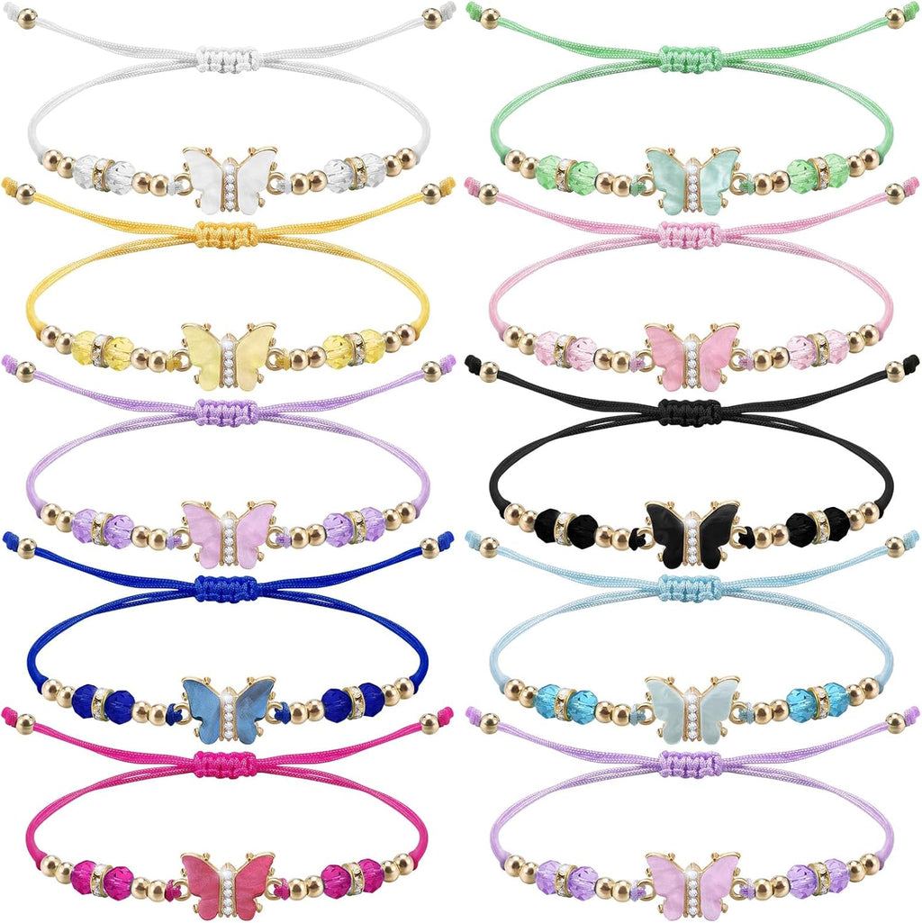 9Pieces Crystal Rhinestone Beads Butterfly Bracelets Adjustable String Cute Butterfly Charm Woven Friendship Bracelet for Women Fairy Party Favor
