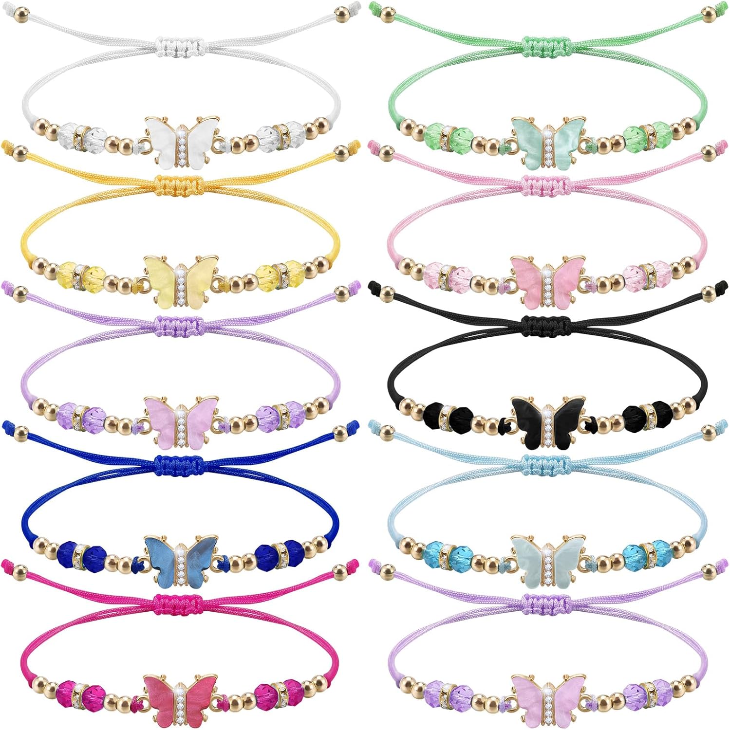 9Pieces Crystal Rhinestone Beads Butterfly Bracelets Adjustable String Cute Butterfly Charm Woven Friendship Bracelet for Women Fairy Party Favor