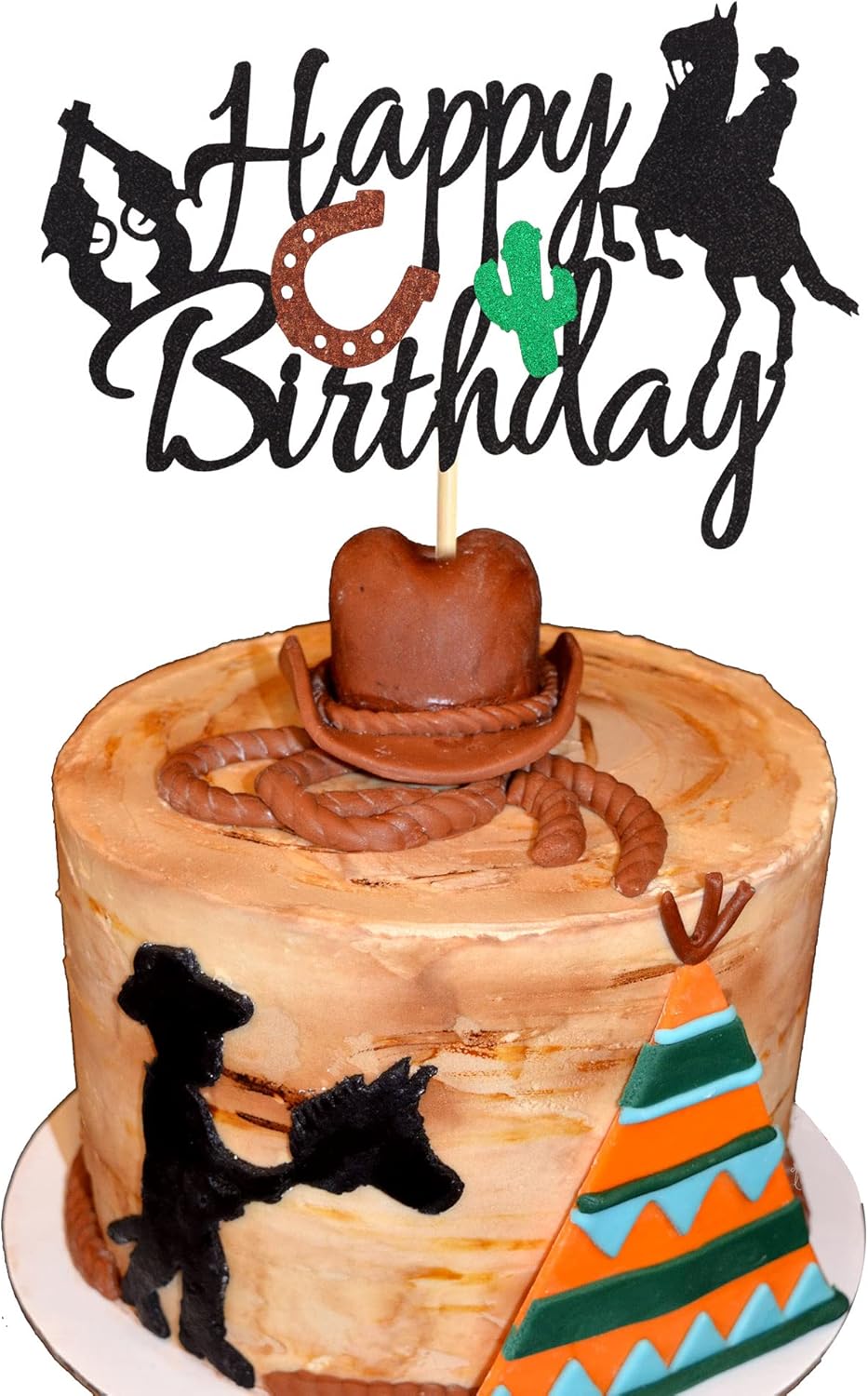 Cowboy Happy Birthday Cake Topper, Little Cowboy Cake Topper Boot Shooting Western Theme Cake Decorations Black Glitter Decors for Kids Boy Men Birthday Party Supplies