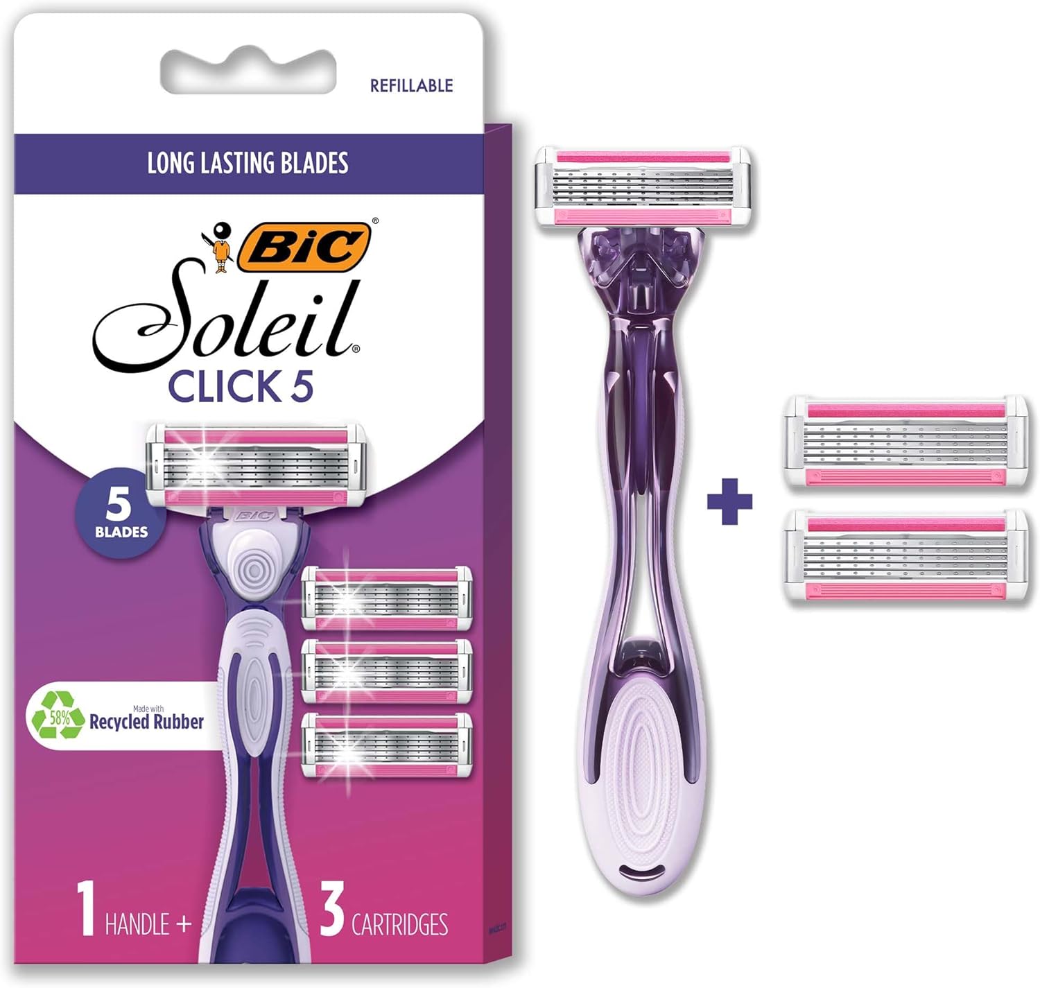 BIC Click 5 Soleil Women's Disposable Razors; 5 Blades With a Moisture Strip For a Smoother Shave; 1 Handle and 3 Cartridges; 4 Piece Razor Set