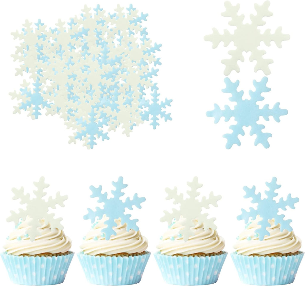 Gyufise 50Pcs Blue White Edible Cupcake Toppers Snowflakes Cake Toppers Snowflakes Cake Decoration Winter Frozen Birthday Party Supplies
