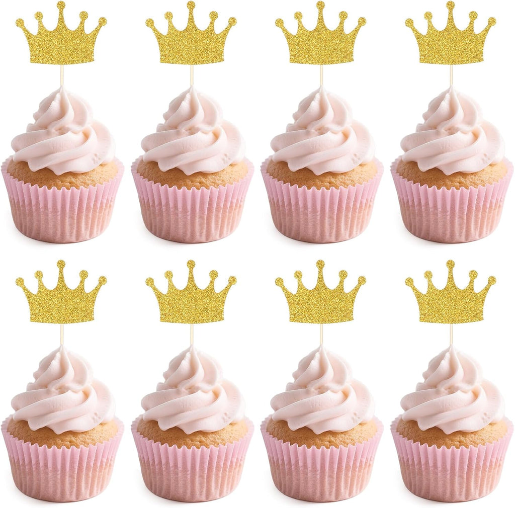 30Pcs Crown Cupcake Toppers, Gold Glittery Princess Cake Picks Confetti Queen Cake Toppers for Baby Shower, Birthday Party, Wedding Food Decorations